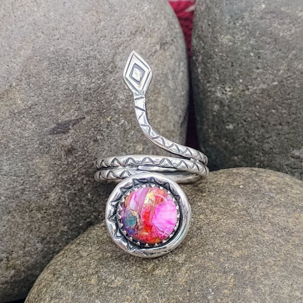 Coiled Rattlesnake Snake Ring Pink Dahlia Spiny Oyster Copper Turquoise Size 8 - Picture 2 of 6